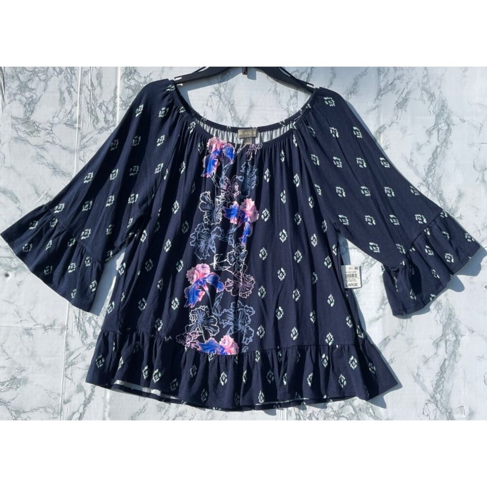 Style & Co Womens Floral Print Knit Top W/Ruffle Hem Large Navy Rayon Blend